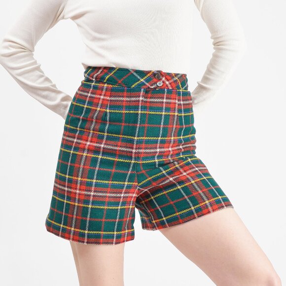 Vintage Green Tartan Plaid Shorts High Waisted Preppy Mod Wool XS S
